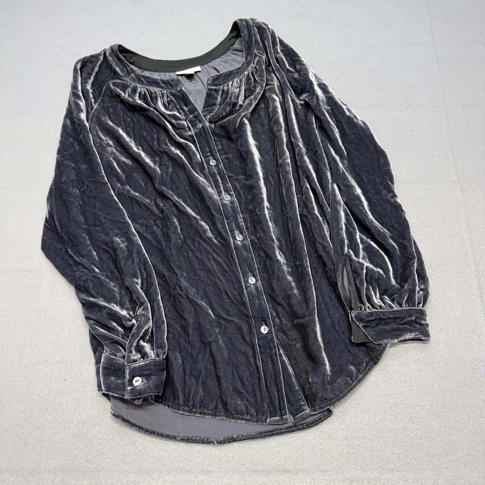 J.Jill Womens Small Gray Velvet Silk Blend Button Down Blouse Long Sleeve Top